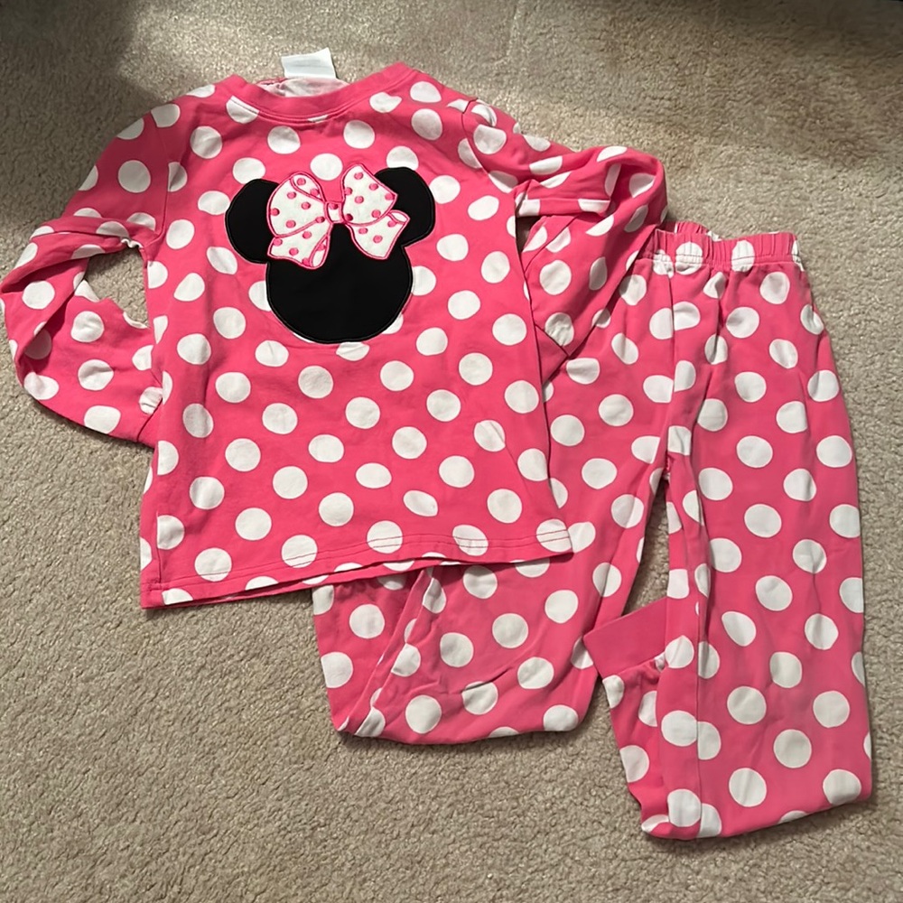 Classic Whimsey, pink polka dot pajamas with Minnie Mouse appliqué, size 6
